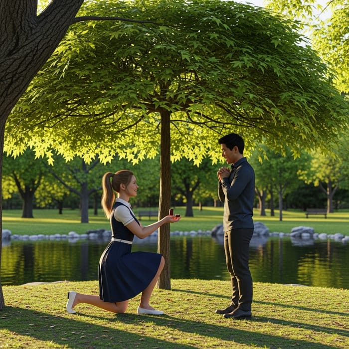 3D AI Girl's Romantic Proposal in Serene Park Scene
