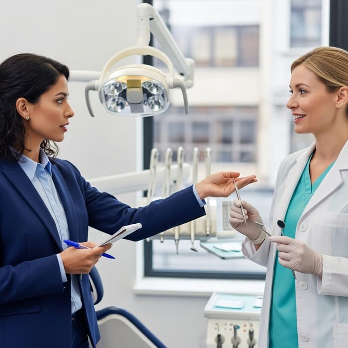 Female News Reporter Interviews Dentist with Dental Equipment