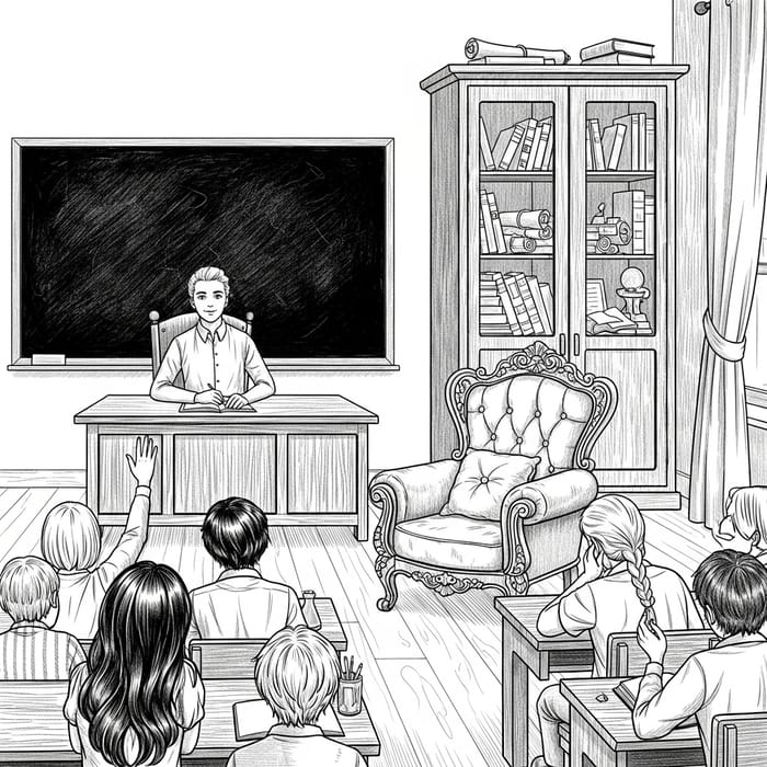 Classroom Drawing with Armchair, Blackboard, and Cabinet
