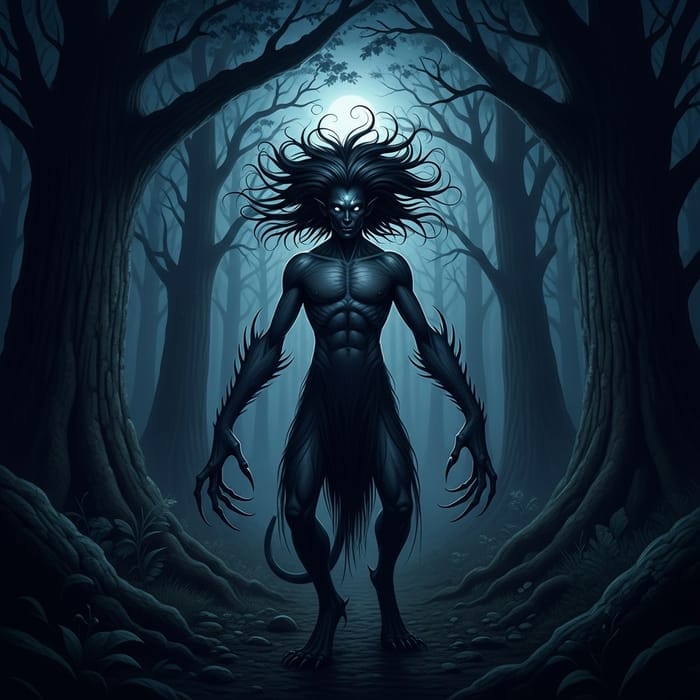 Mysterious Black Annis in Night Woods Room - Enigmatic Scene Mysterious Black Annis in Night Woods Room - Enigmatic Scene