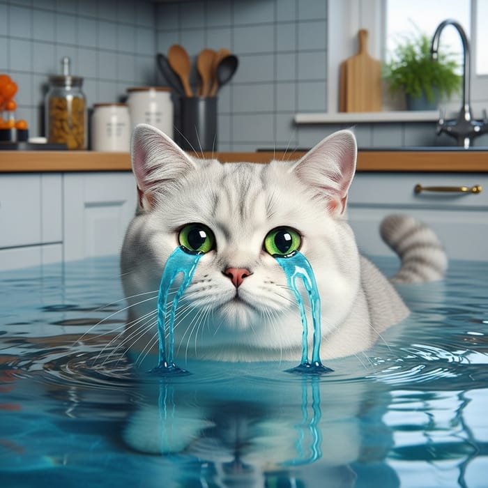 Realistic Flooded Kitchen: Cute Chunky British Cat with Green Eyes