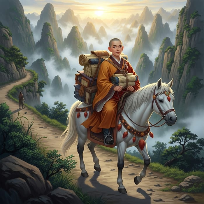 Tripitaka: Serene Monk Riding White Horse with Scriptures