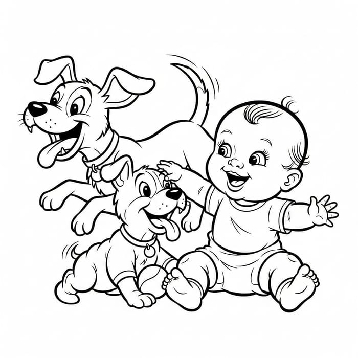 Adorable Baby and Playful Dog: Vintage Cartoon Coloring Model Sheet