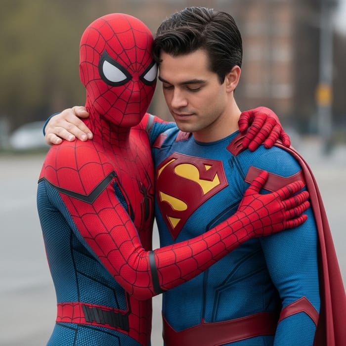 Epic Superhero Embrace: Spiderman and Superman