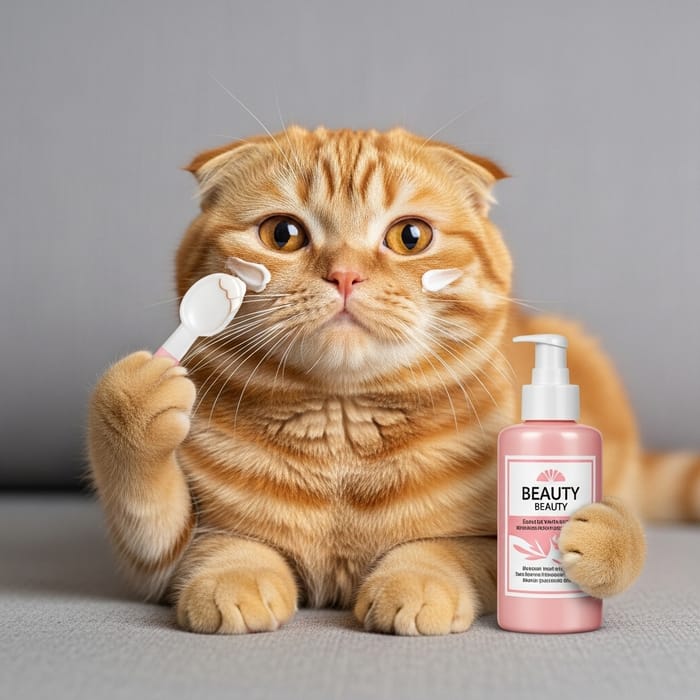 Realistic Scottish Fold Cat with Beauty Facial Cream - High Resolution Photo