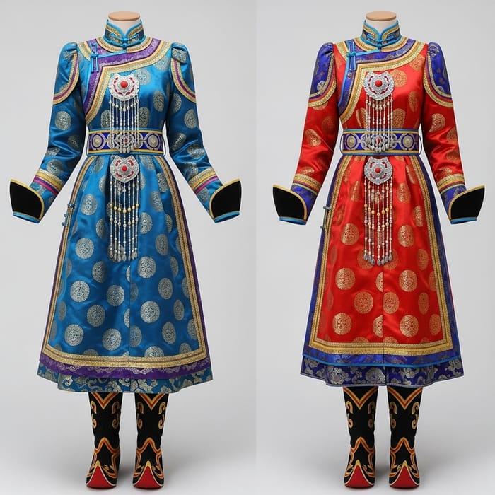 Ancient Mongolian Women's Deel: Vibrant Silk Outfit with Elaborate Embroidery Ancient Mongolian Women's Deel: Vibrant Silk Outfit with Elaborate Embroidery