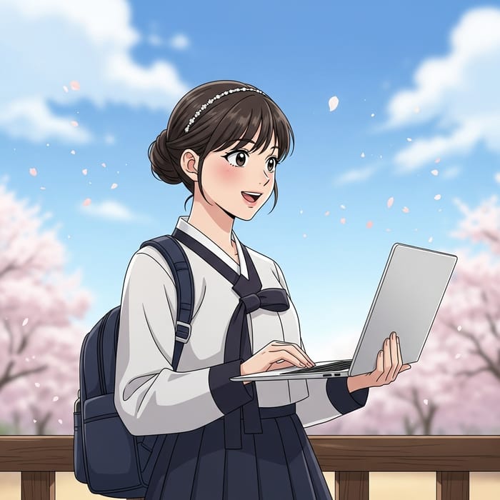 Adorable Korean Schoolgirl with Laptop in Traditional Uniform Adorable Korean Schoolgirl with Laptop in Traditional Uniform