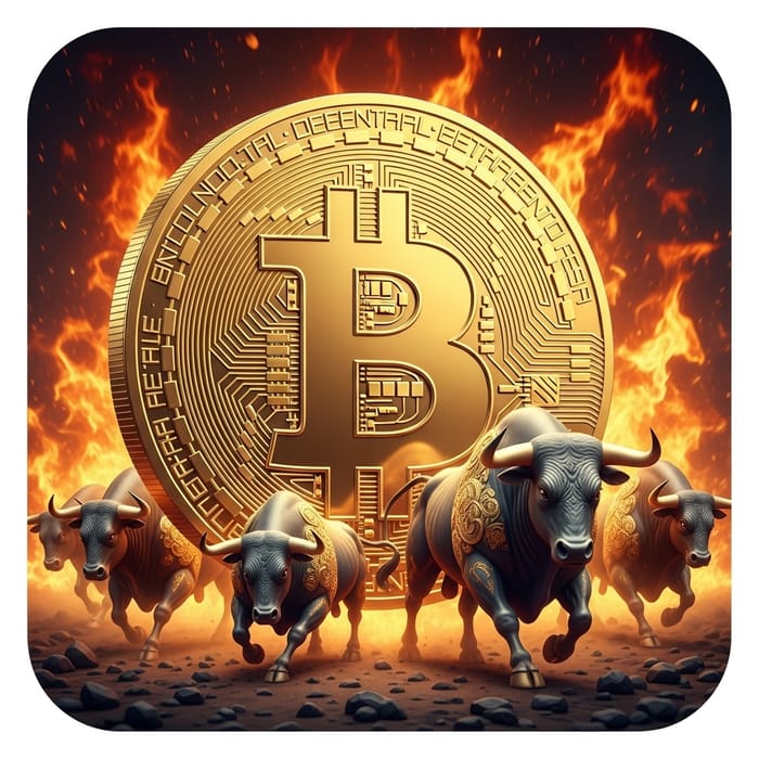 Bitcoin Symbol Surrounded by Golden Bulls Bitcoin Symbol Surrounded by Golden Bulls