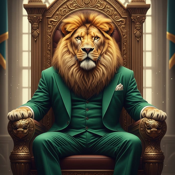 Majestic Lion in Green Suit on Ornate Throne Majestic Lion in Green Suit on Ornate Throne