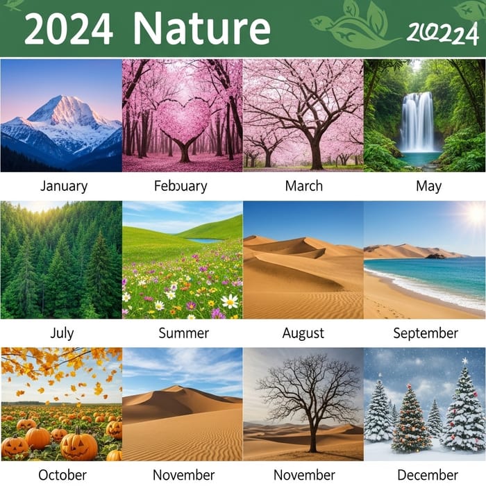 Printable 2024 Nature Calendar: Beautiful Nature-Themed Design Printable 2024 Nature Calendar: Beautiful Nature-Themed Design
