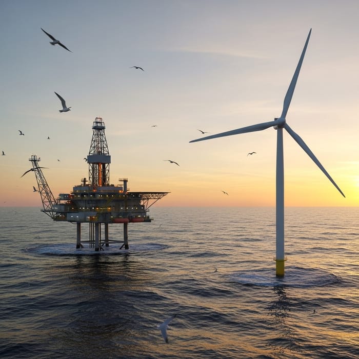 Offshore Oil Platform and Wind Turbine with Seabirds in Sunset Scene