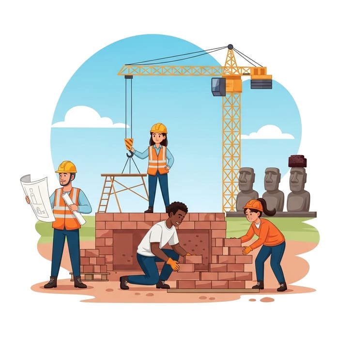 Easter Island Construction: Diverse Team in Moai Statue Setting