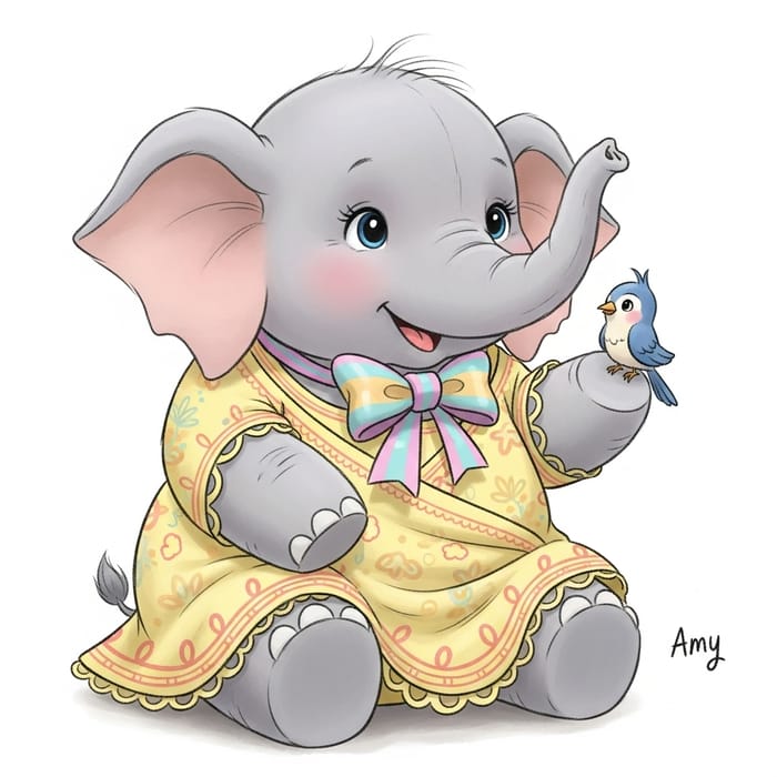Enchanting Amy: Joyful Little Elephant in Pastel World