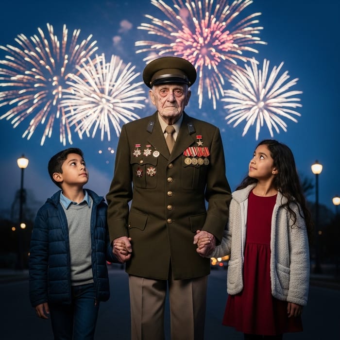 Elderly War Veteran and Children Amidst Salute | Peace and Freedom Celebration