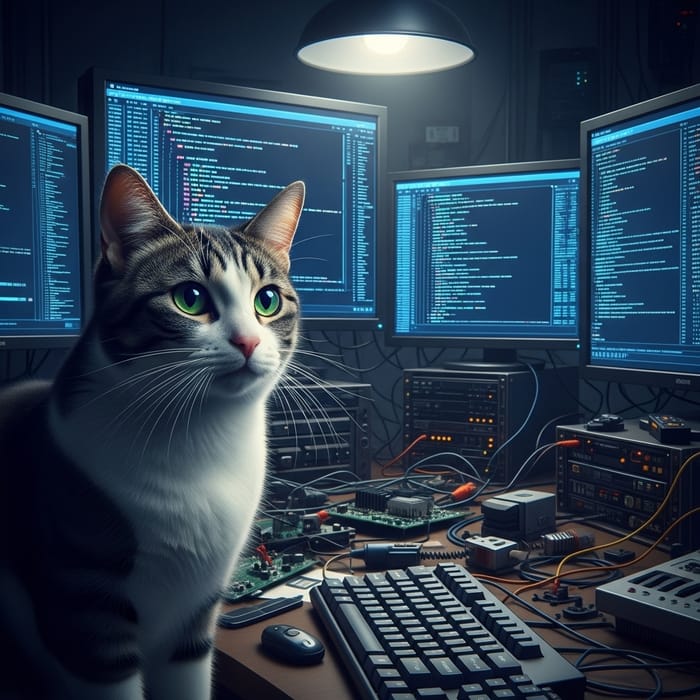 Digital Art: A Cat Hacking Base - Tech-Savvy Feline