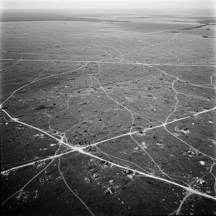 Grim Aerial View of Desolate War-Torn Battlefield Grim Aerial View of Desolate War-Torn Battlefield