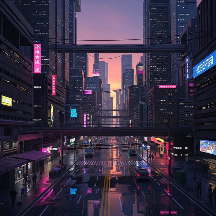 Neon Cyberpunk Cityscape at Sunset | Vibrant Futuristic Scene