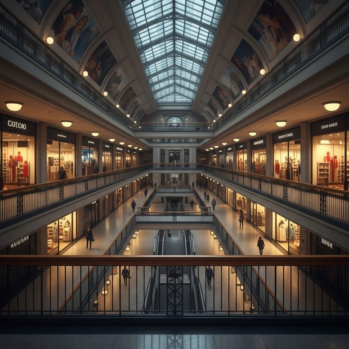 Cinematic Underground Shopping Mall Symmetrical View Cinematic Underground Shopping Mall Symmetrical View