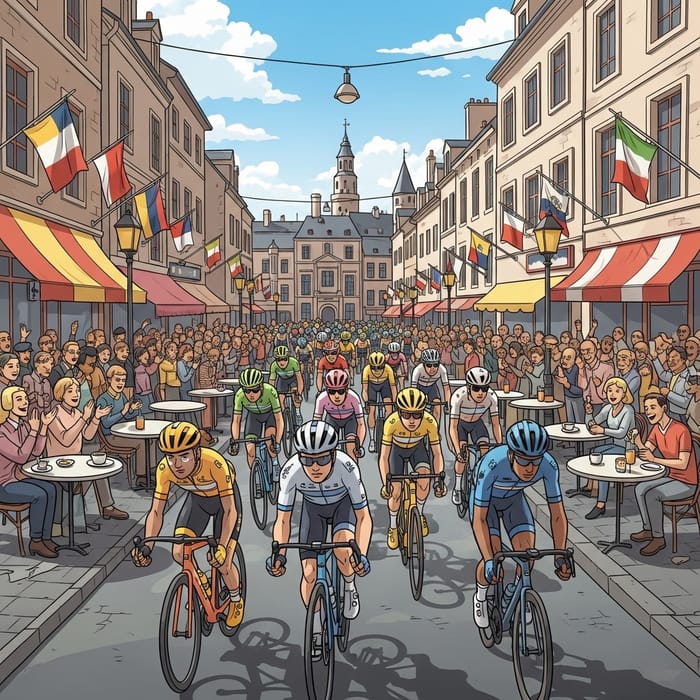 Vibrant Tour de France Stage in a Charming City with Diverse Cyclists Vibrant Tour de France Stage in a Charming City with Diverse Cyclists