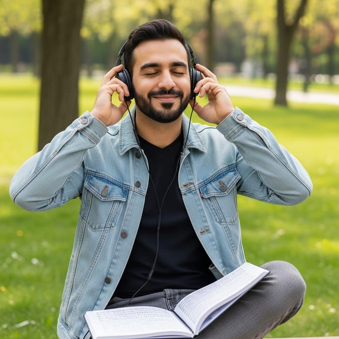 Middle-Eastern Man Enjoying Music Outdoors Middle-Eastern Man Enjoying Music Outdoors