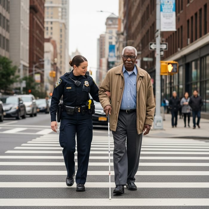 Police Officer Guides Blind Man Safely Across Street Police Officer Guides Blind Man Safely Across Street