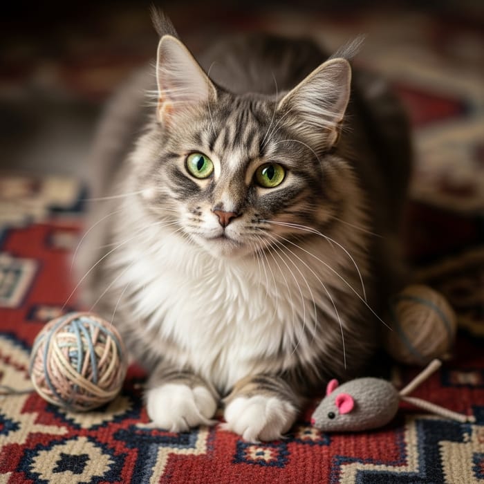Fluffy Maine Coon Cat with Green Eyes Sitting on Colorful Carpet