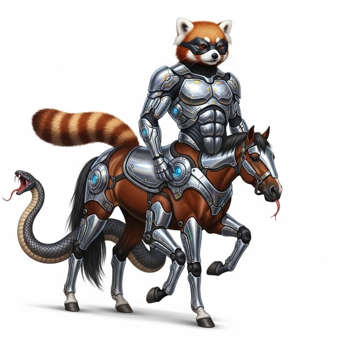 Red Panda Centaur: Six-Legged Hybrid with Snake Tail & Tech Armor Red Panda Centaur: Six-Legged Hybrid with Snake Tail & Tech Armor