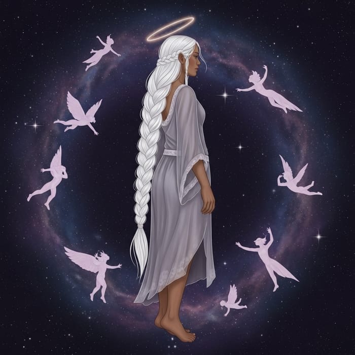 Beautiful White-Haired Woman in Ethereal Attire, Cosmos Background Beautiful White-Haired Woman in Ethereal Attire, Cosmos Background