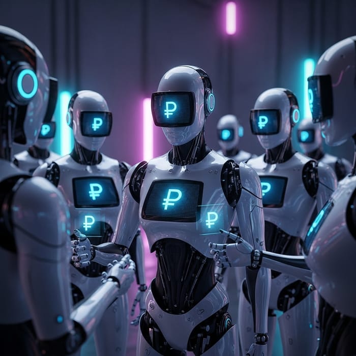 Digital Robots Exchanging Digital Rubles in Futuristic Setting Digital Robots Exchanging Digital Rubles in Futuristic Setting