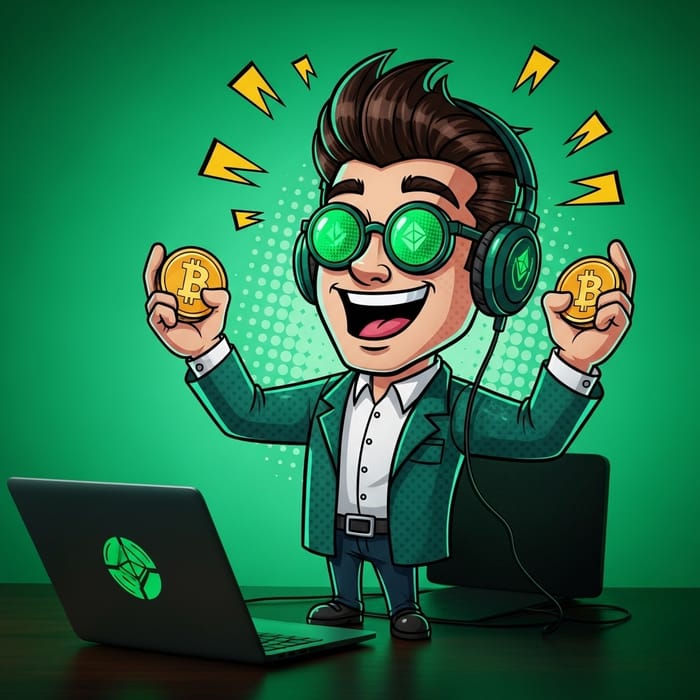 Enthusiastic Cryptocurrency Cartoon: Happiness & Trust in Blockchain Enthusiastic Cryptocurrency Cartoon: Happiness & Trust in Blockchain