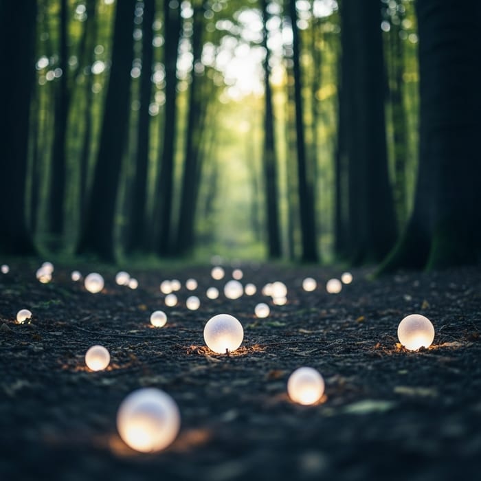 Ethereal Glowing Spheres in Enchanted Forest Macro Shot Ethereal Glowing Spheres in Enchanted Forest Macro Shot