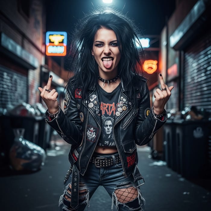 Rebellious Woman Showing Middle Fingers and Sticking Out Tongue
