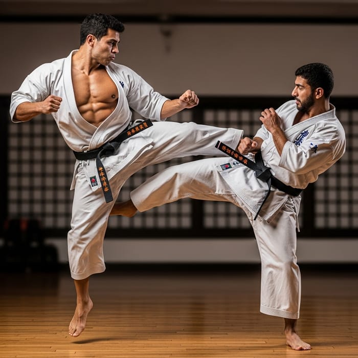 Muscular Karate Masters in Intense Combat Action Muscular Karate Masters in Intense Combat Action