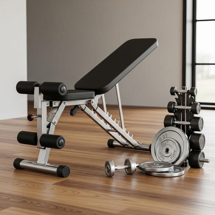 Foldable Fitness Bench & Weights: Home Gym Scene Foldable Fitness Bench & Weights: Home Gym Scene
