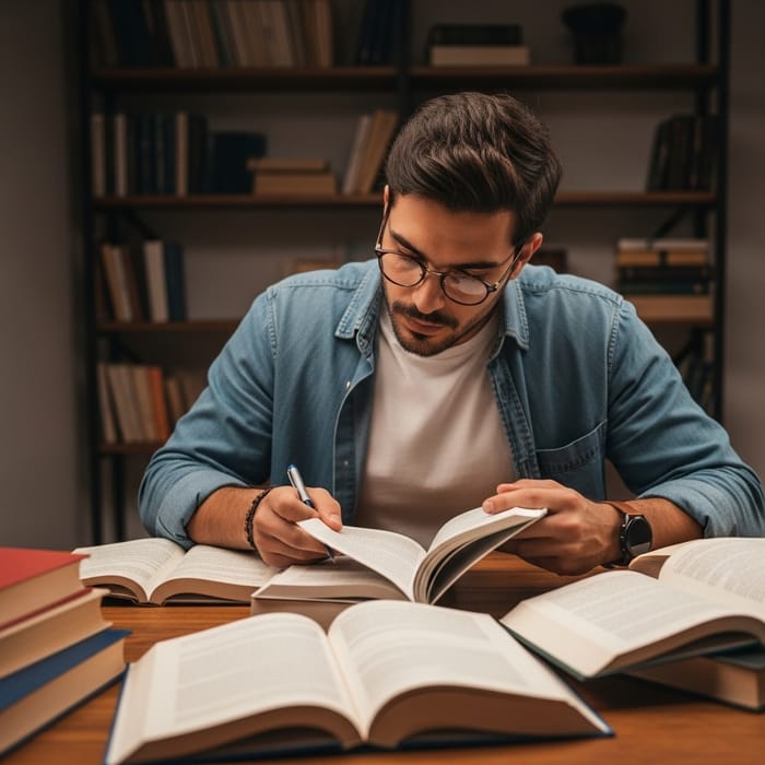 Focused Hispanic Man Studying at Desk Surrounded by Books Focused Hispanic Man Studying at Desk Surrounded by Books
