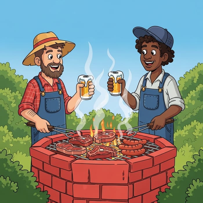 Cartoon Hillbillies Grilling Steaks and Sausages Outdoors Cartoon Hillbillies Grilling Steaks and Sausages Outdoors