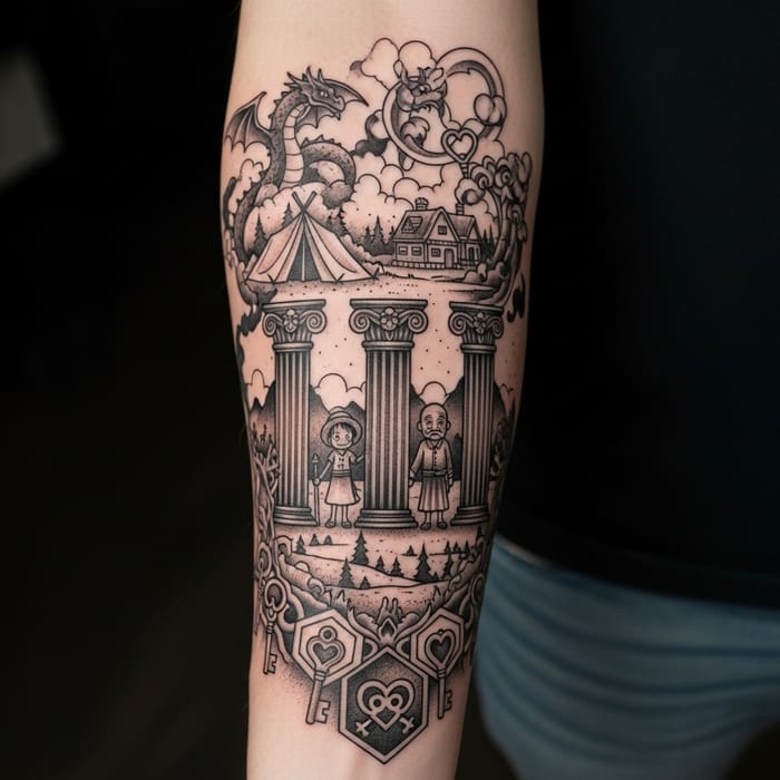 Family & Grandparent Symbol Forearm Tattoo with Campsite and Game Details Family & Grandparent Symbol Forearm Tattoo with Campsite and Game Details