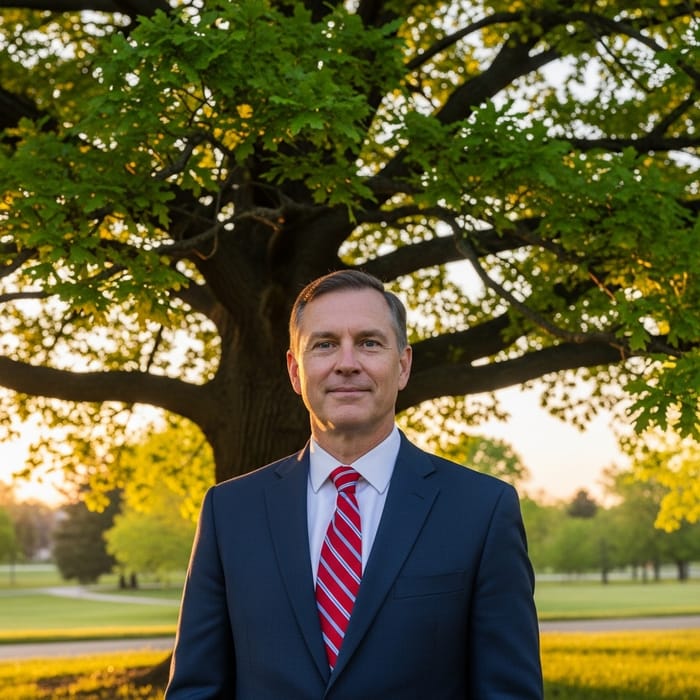 Middle-Aged Man in Navy Blue Suit Standing Under Oak Tree