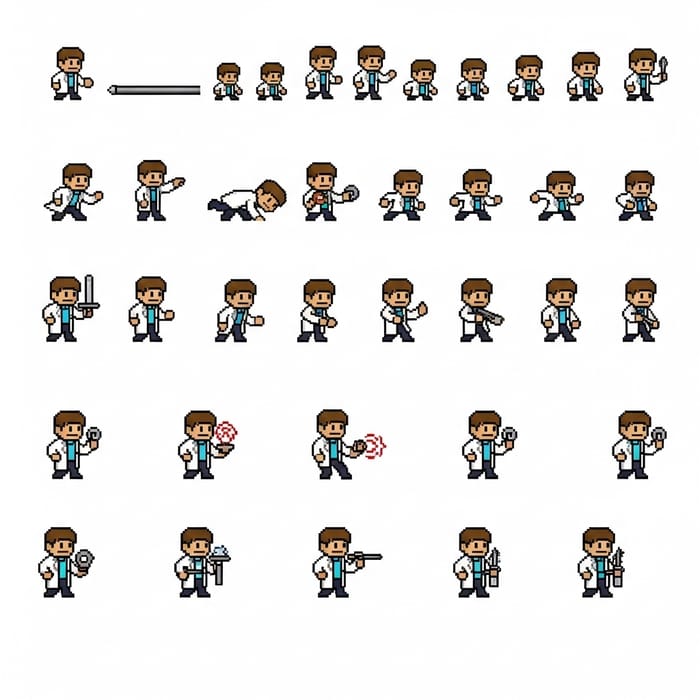 Pixel Art Lab Coat Scientist Sprite Sheet - Animation Collection Pixel Art Lab Coat Scientist Sprite Sheet - Animation Collection