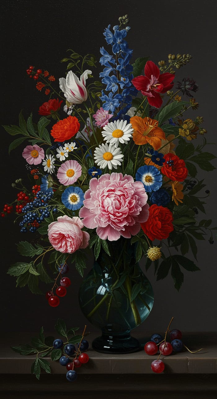 Colorful Bouquet in Blue Glass Vase - Dutch Golden Age