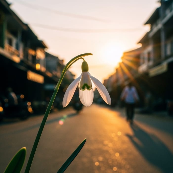 Delicate Snowdrop Flower in Cambodia Streets at Golden Hour