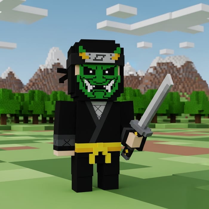 Black Ninja with Green Demon Mask and Katana in Pixelated World Black Ninja with Green Demon Mask and Katana in Pixelated World