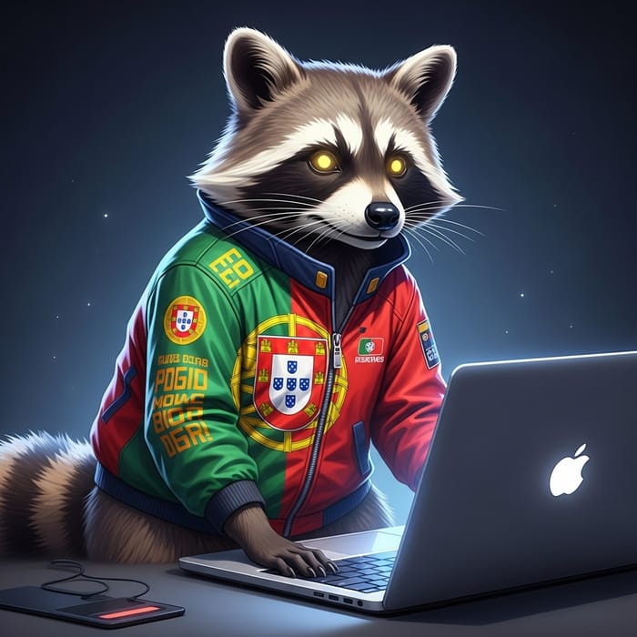 Cheeky Raccoon on Laptop with Portuguese Flag Jacket