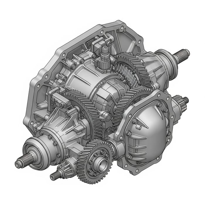 3D Isometric View of 4WD Transmission System with Differentials 3D Isometric View of 4WD Transmission System with Differentials