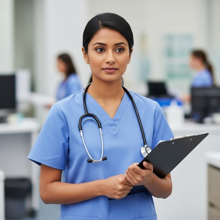 Hannah, South Asian Medical Assistant in Professional Attire