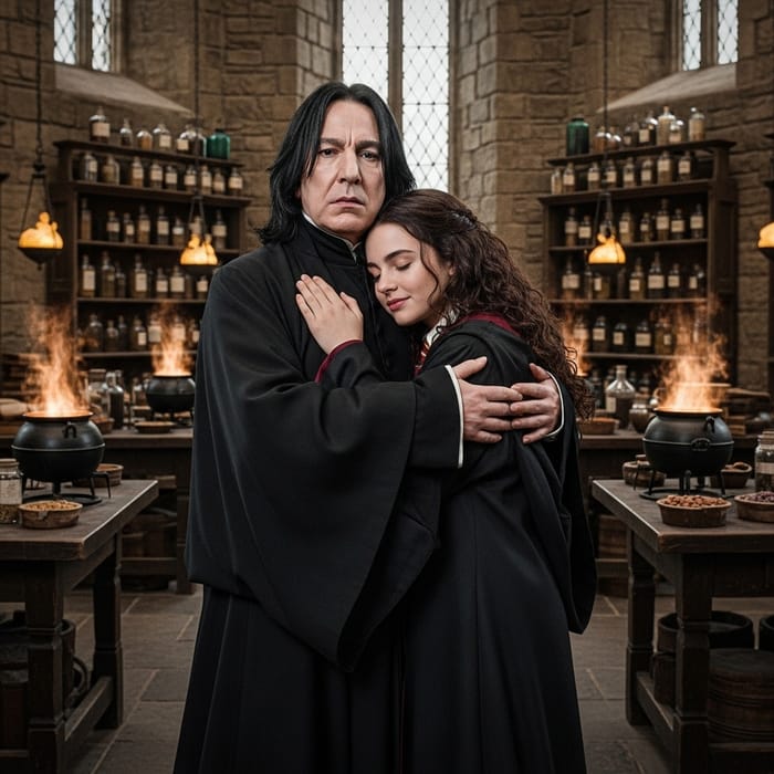 Severus Snape Embracing Beautiful Girl in Hogwarts Potion Brewing Chamber Severus Snape Embracing Beautiful Girl in Hogwarts Potion Brewing Chamber