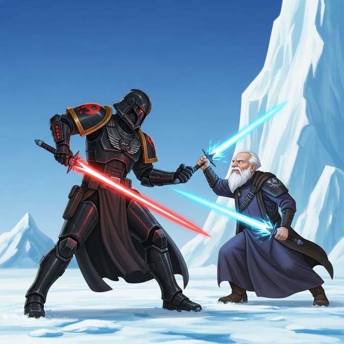 Darth Vader vs Obi-Wan: Intense Lightsaber Duel in Disney Animation Style