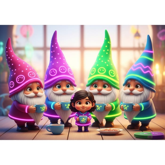 Charming Neon Gnomes and a Plump Girl Drinking Tea