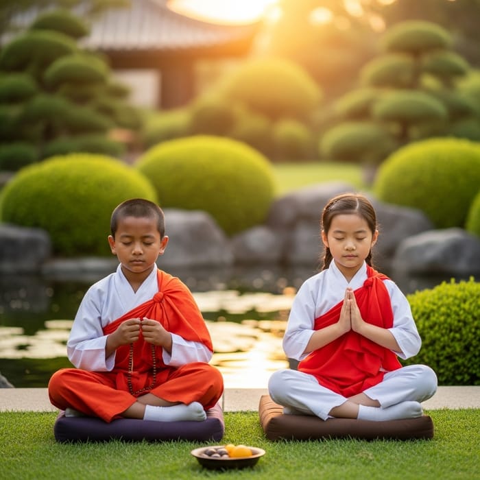 Serene Buddhist Children Meditating in Temple Garden Serene Buddhist Children Meditating in Temple Garden