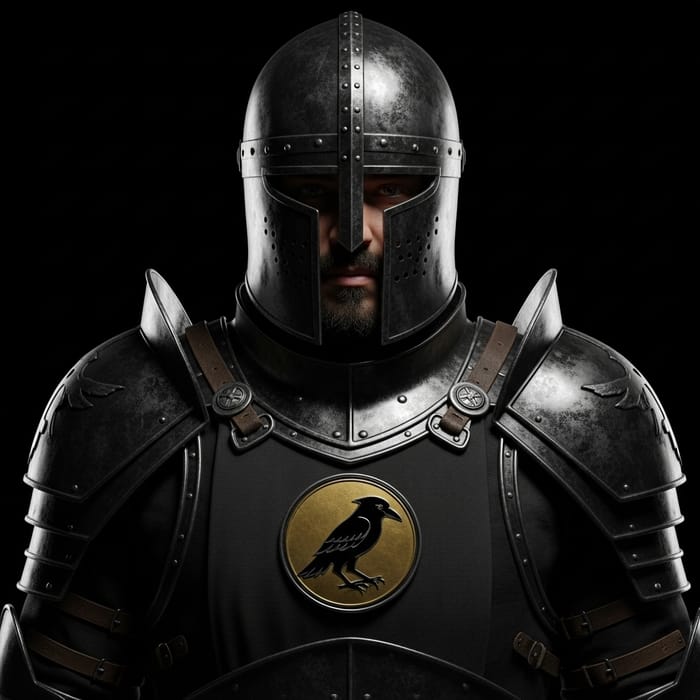 Proud Middle Eastern Knight in Raven-Themed Black Steel Armor Proud Middle Eastern Knight in Raven-Themed Black Steel Armor